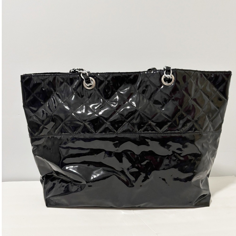 DSW Tote Bag Women Large Black Quilted Patent Faux Leather Chain Handle Office